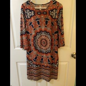 Paisley Print Orange & Navy 3/4 length sleeve Dress Size Small